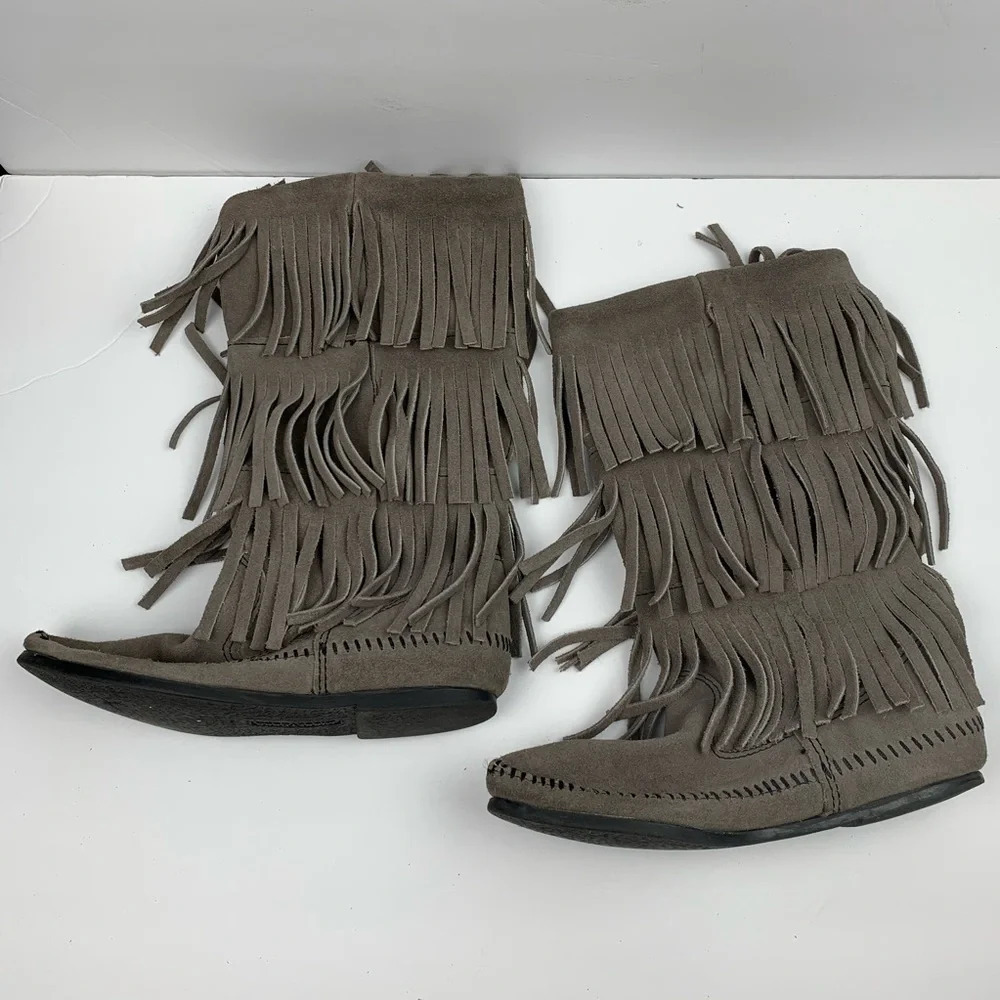 Minnetonka 3 Layer Fringe Boots Western Suede - image 3